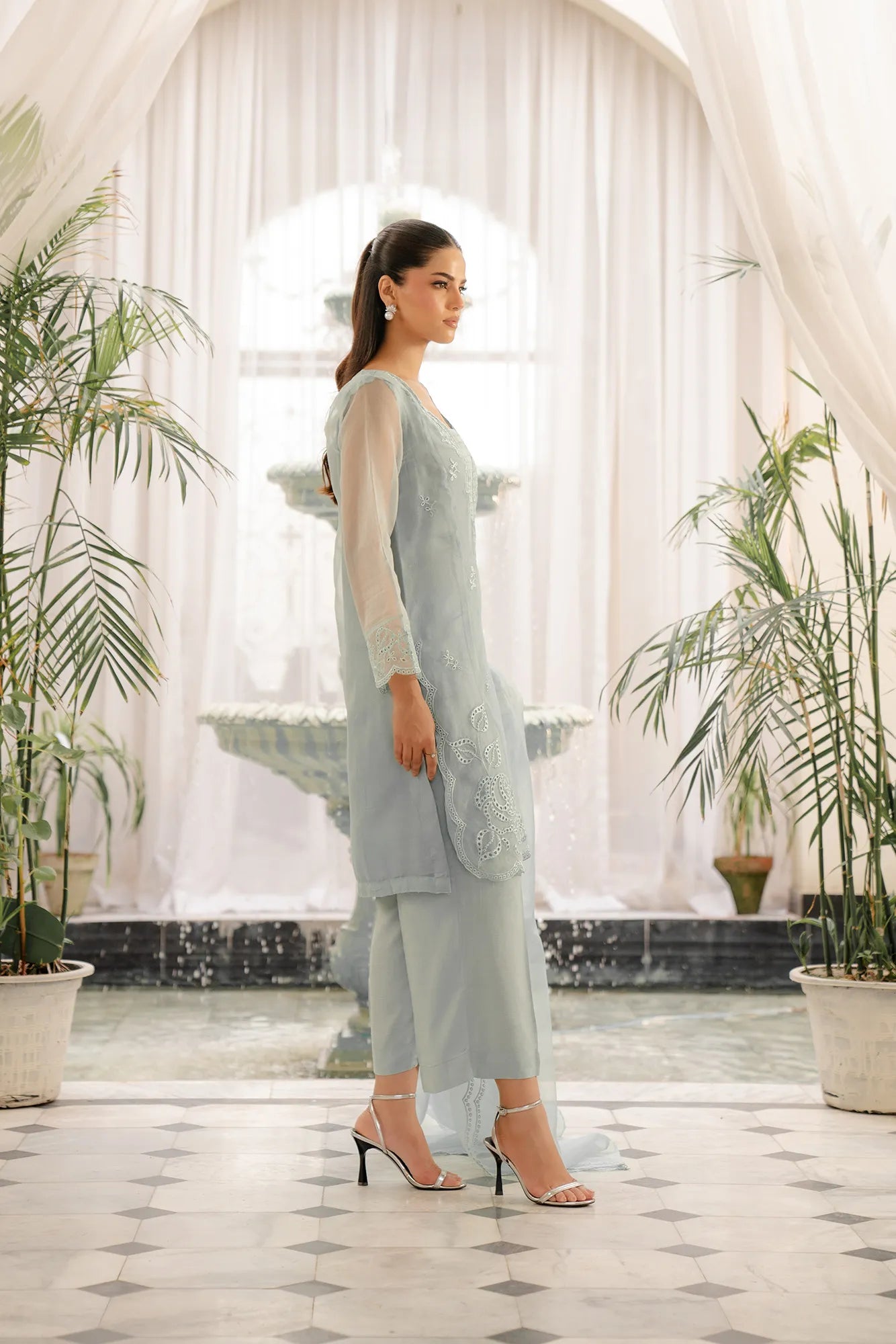 Women's organza dresses - sage green embroidered 3 piece suit with sheer dupatta overlay