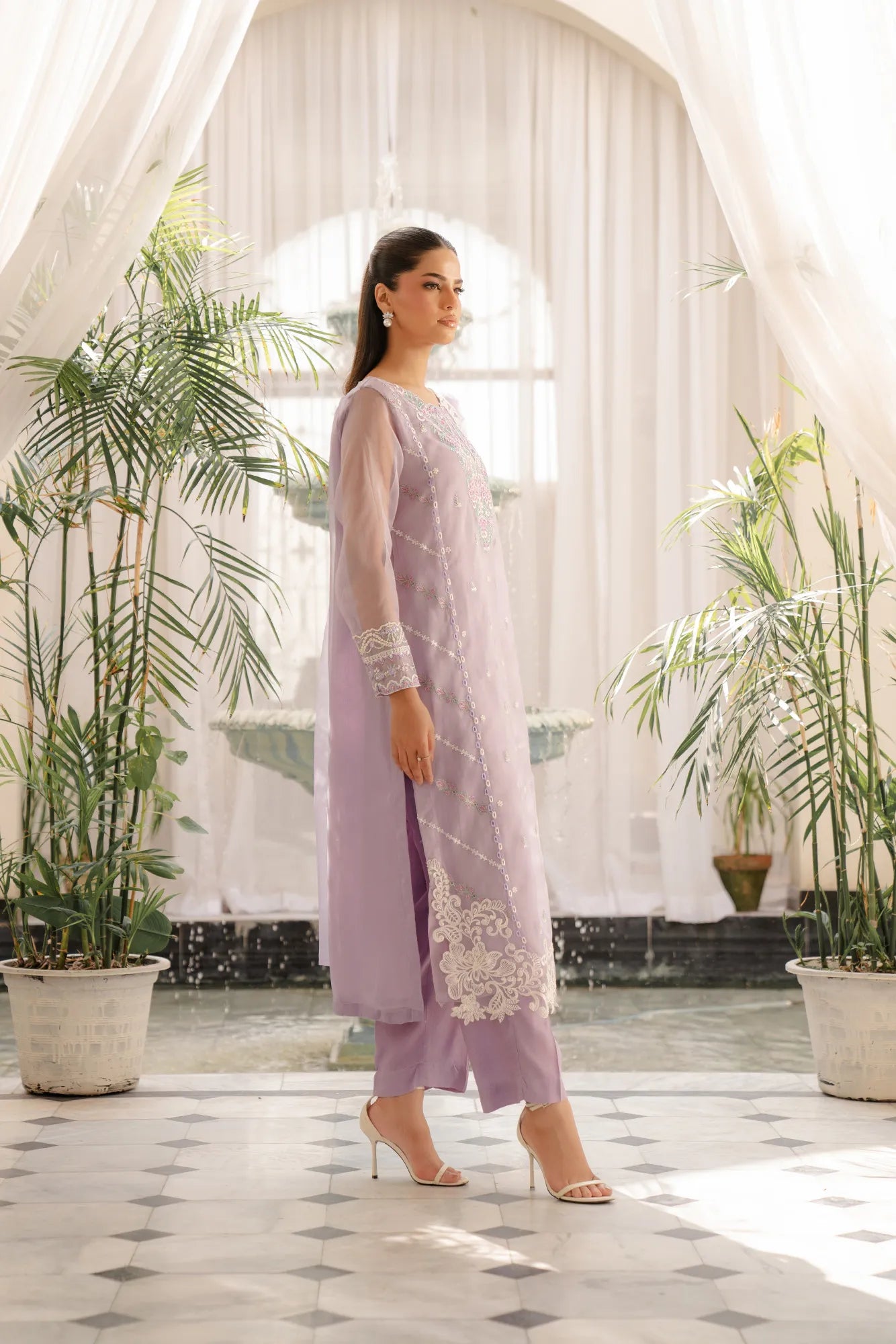 Women's organza suit purple - delicate embroidered 3 piece set with multi-colored detailing