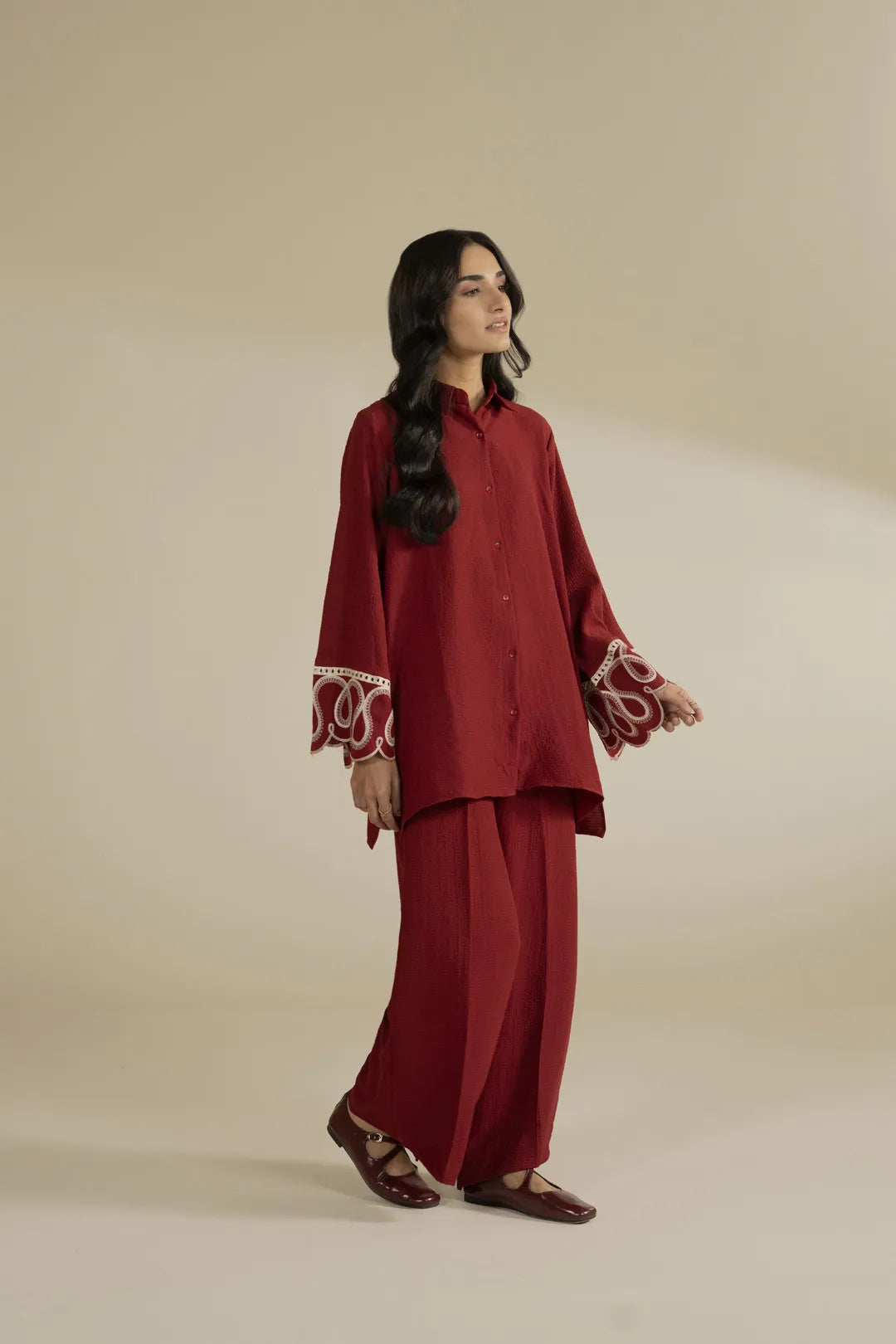 Women’s red embroidered outfit set with matching trousers