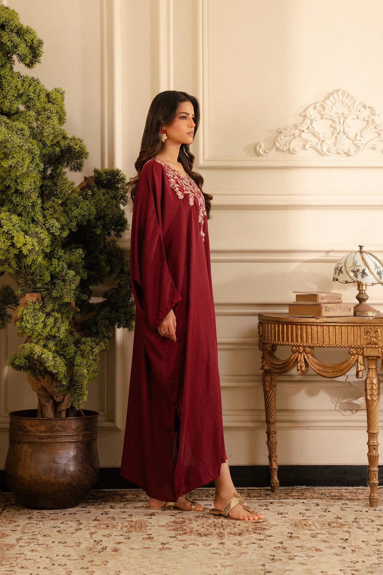 Women's silk kaftan dress - rich maroon embellished evening wear with gold embroidery