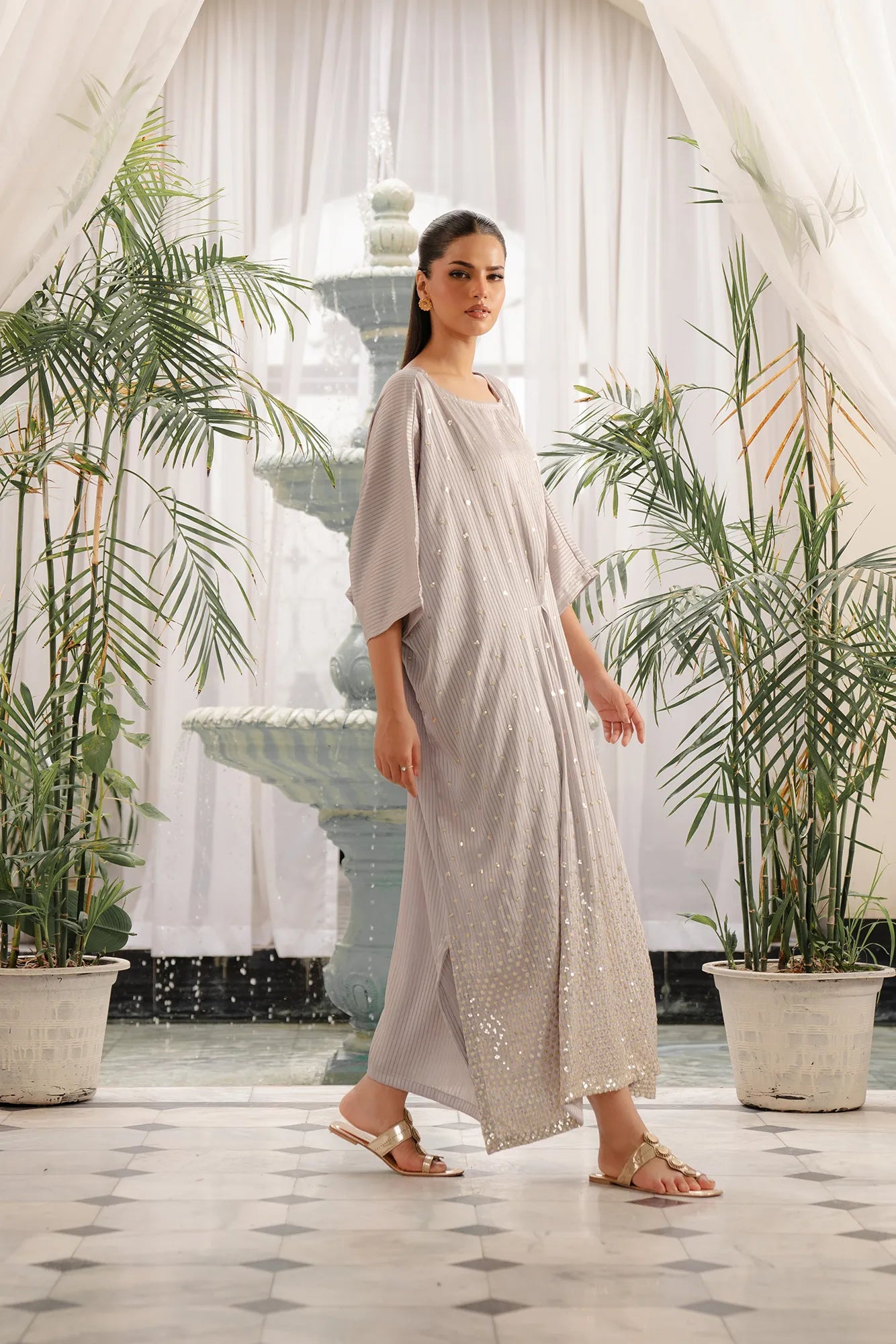 Women's silk kaftan dress grey - sequined luxury kaftan for festive occasions and parties