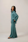 Women's solid color shirt dress - oversized teal tunic blouse with long sleeves