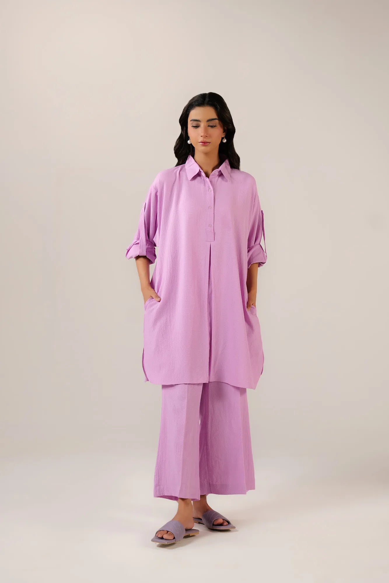 Women's solid pink blended shirt - oversized button up blouse with rolled sleeves