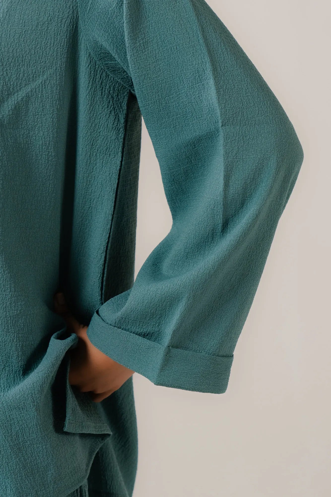 Women's solid teal tunic top - relaxed fit shirt dress style with button front