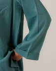 Women's solid teal tunic top - relaxed fit shirt dress style with button front