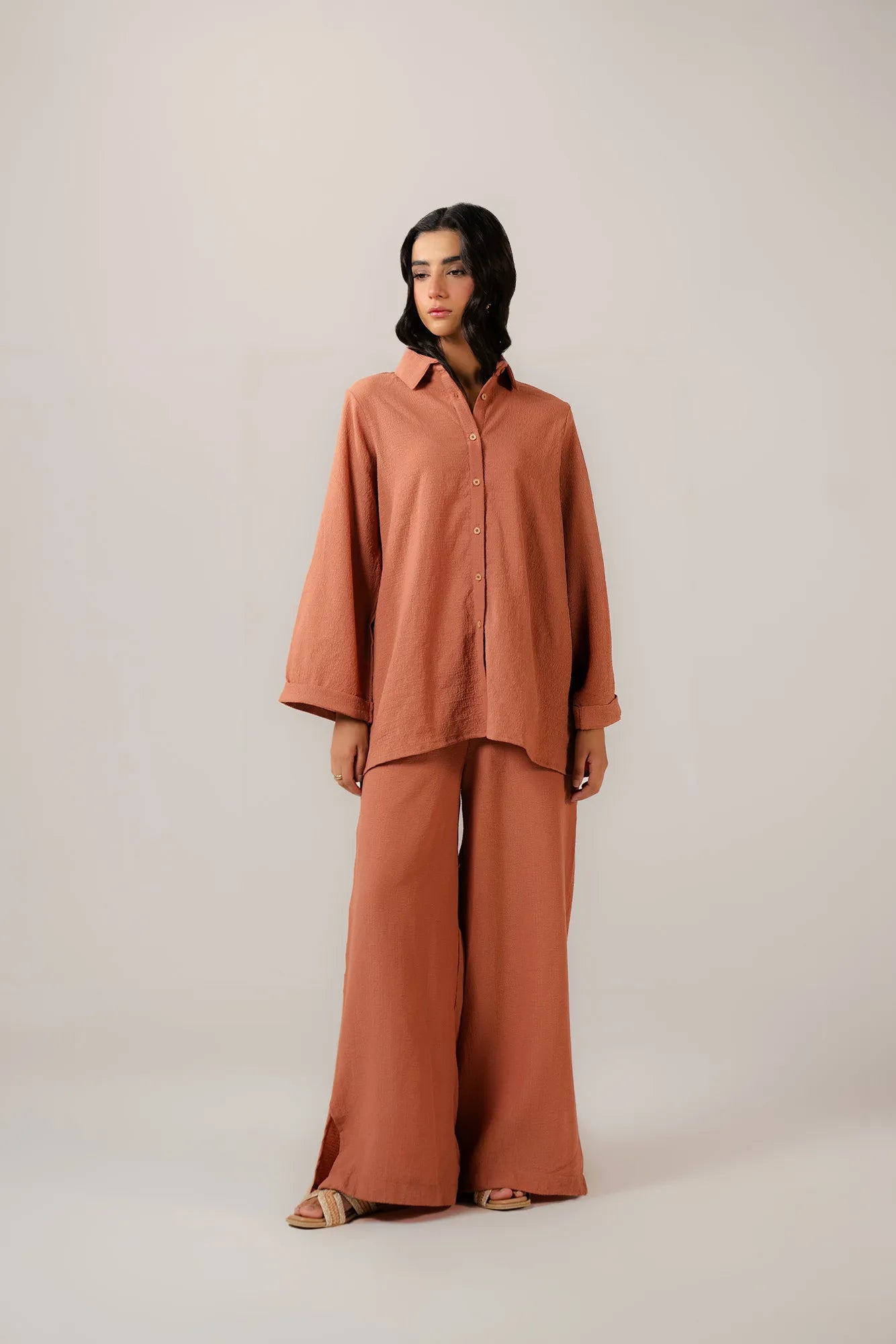 Women's terracotta co ord set - matching shirt and wide leg pants two piece outfit