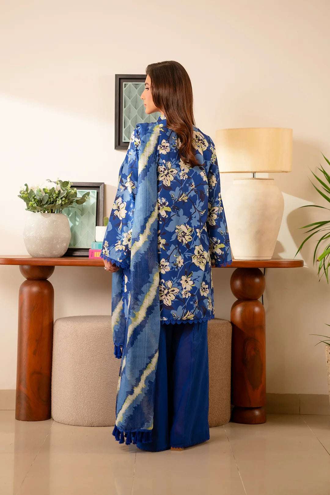 Women’s unstitched cambric suit – elegant blue floral design with digital monark dupatta.