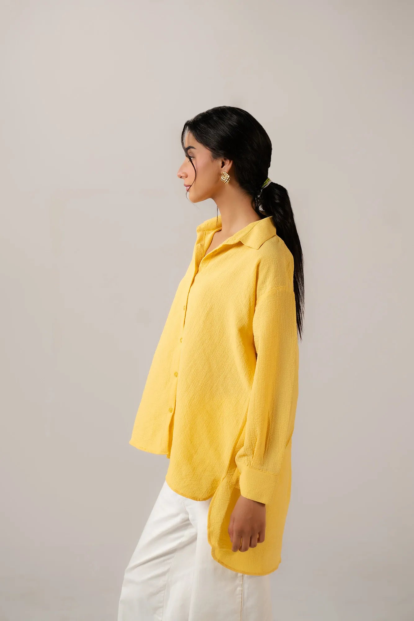 Women's yellow linen-style shirt - loose fitting long sleeve blouse perfect for spring summer