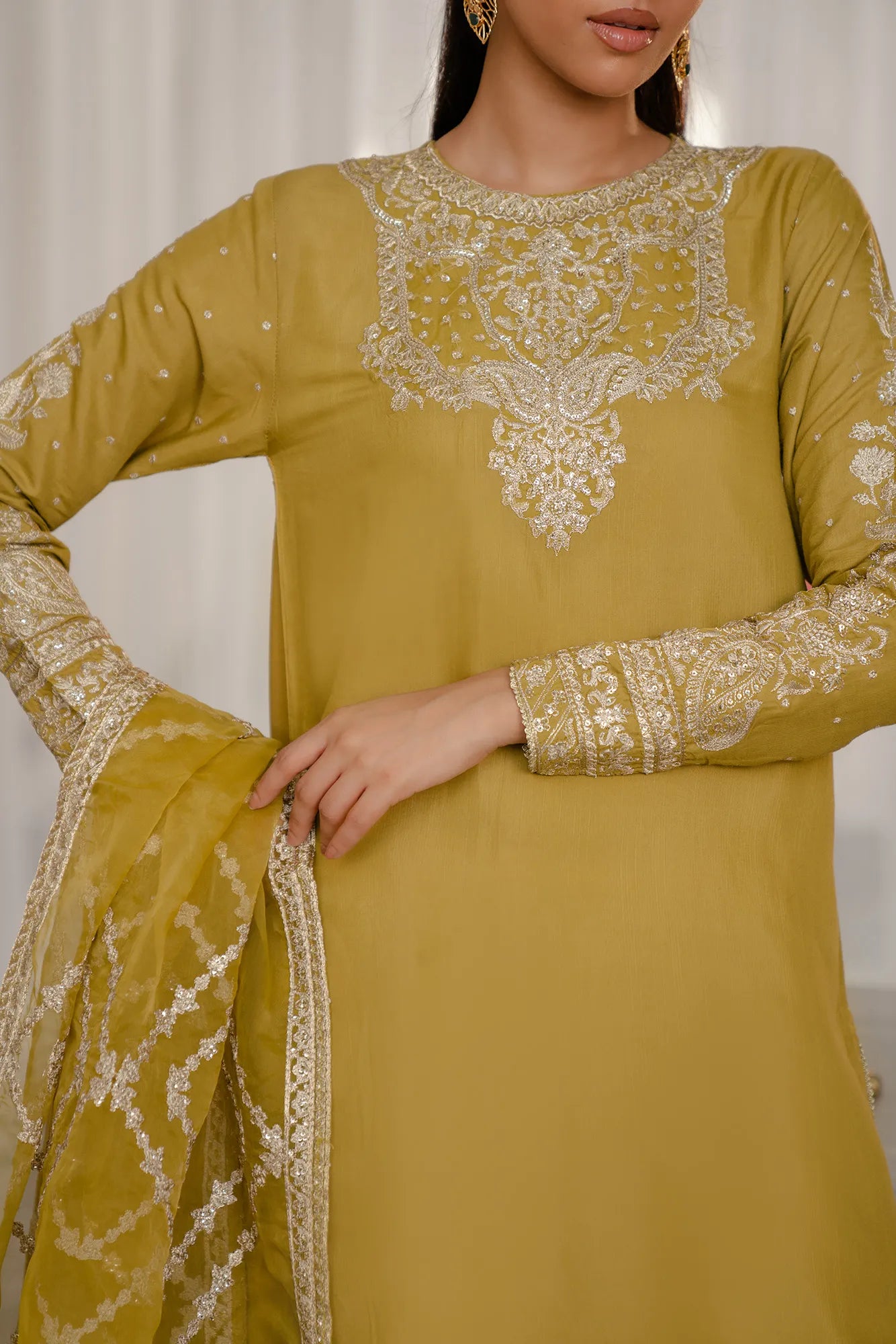 Yellow bridal suit mehndi - 3 piece embroidered raw silk set with sheer organza dupatta