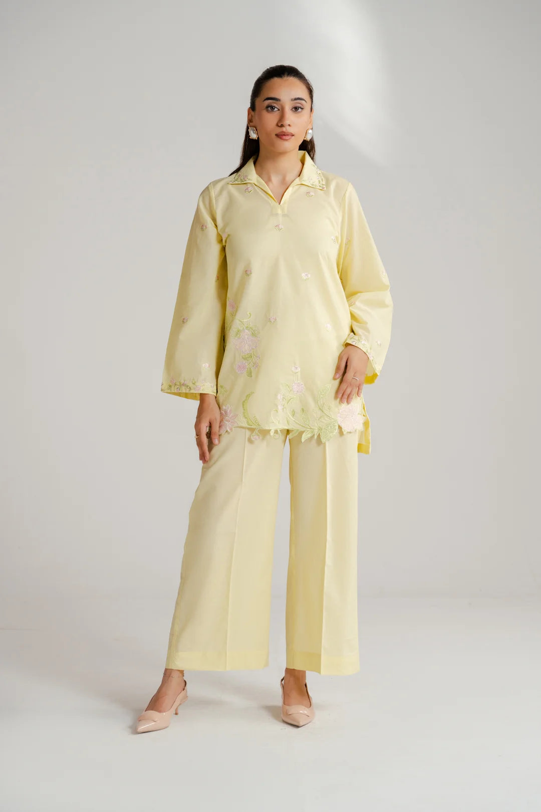 Yellow embroidered lawn co-ord set women Pakistan Beyond East