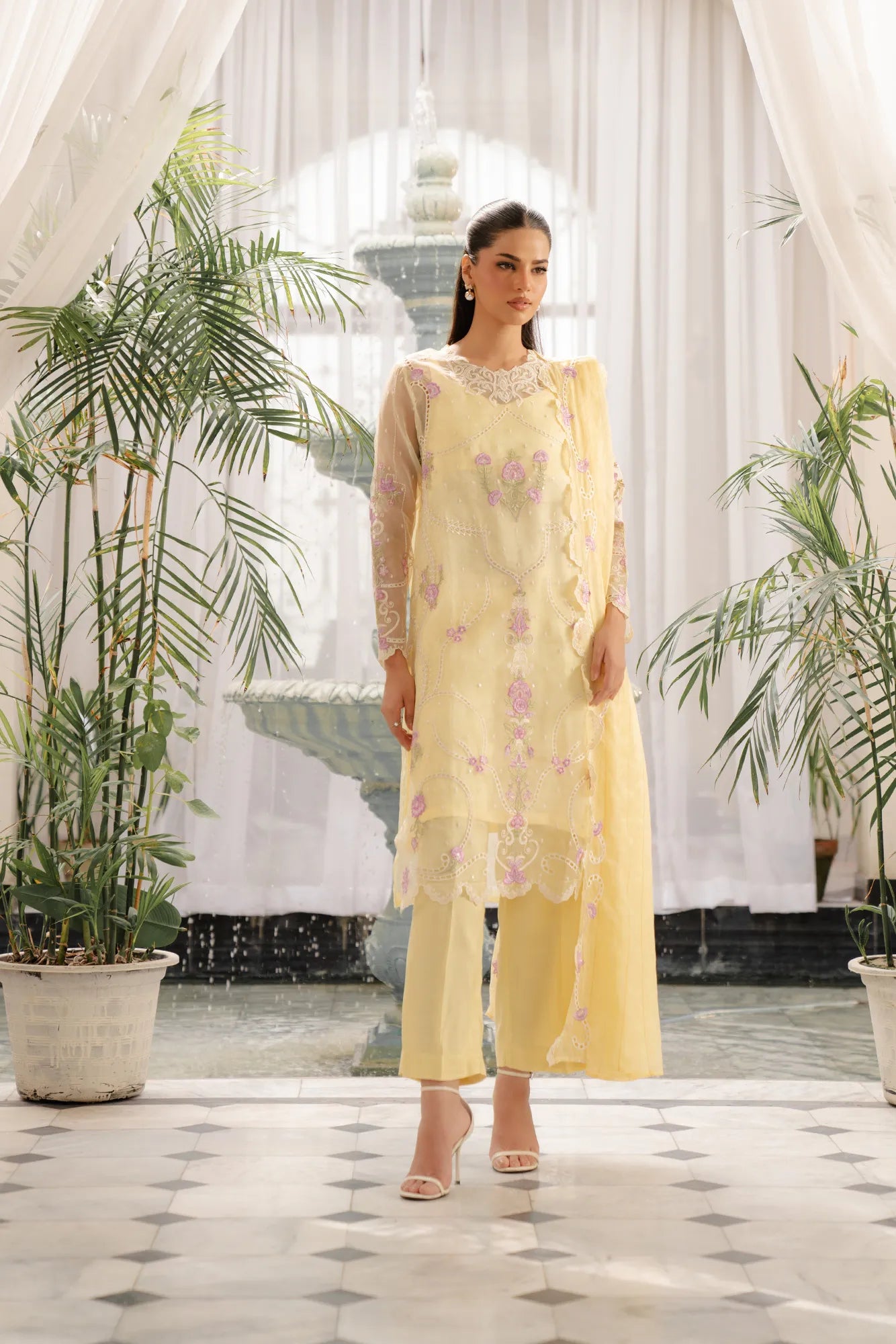 Yellow embroidered organza fabric suits with floral design