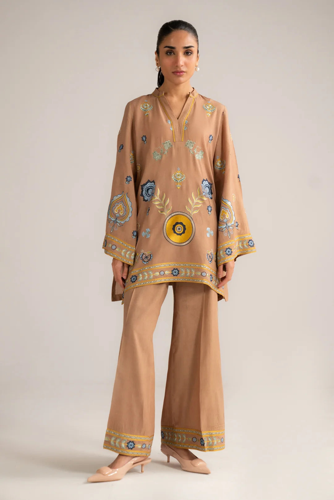 beige embroidered linen 2 piece set for women