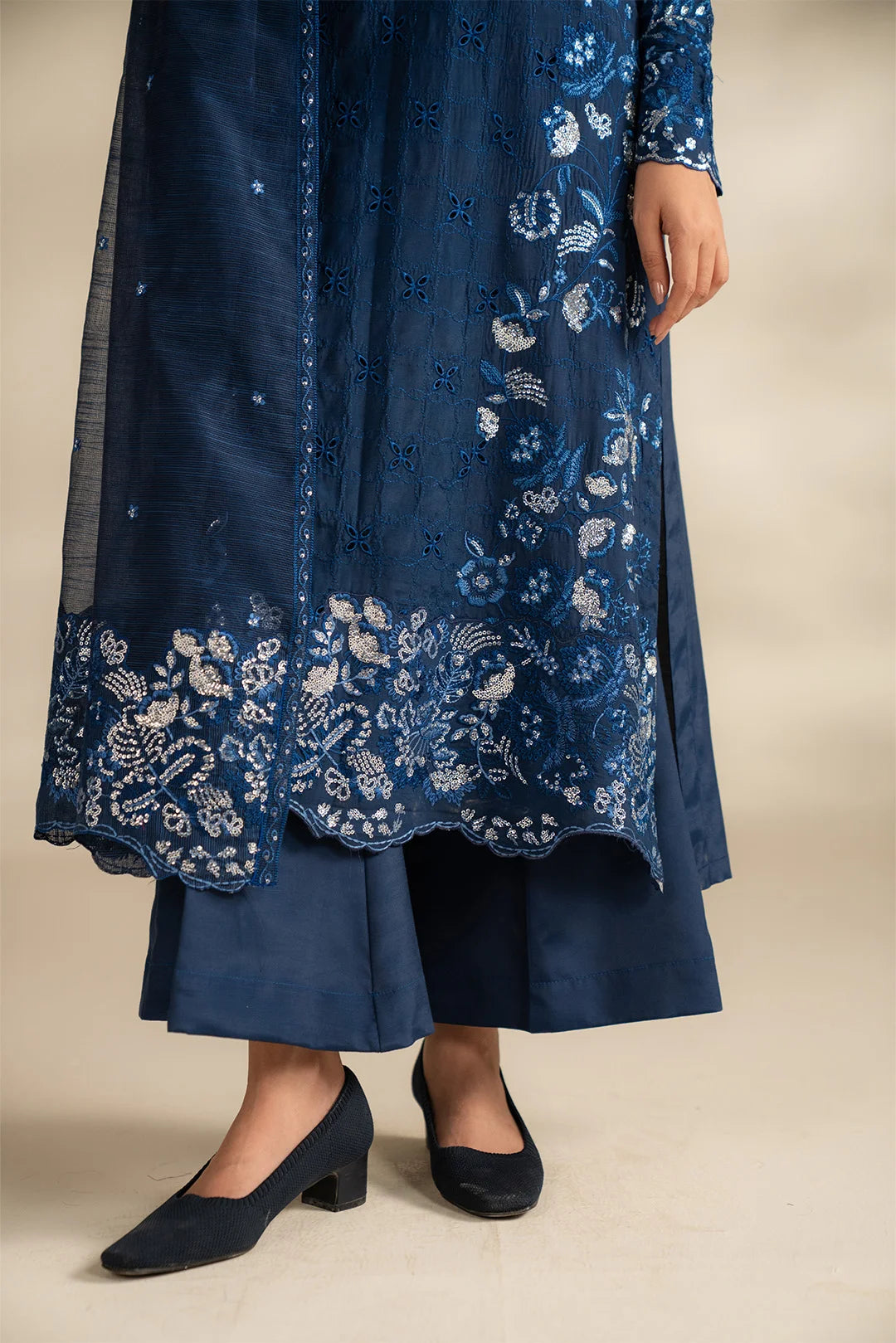 blue embroidered raw silk 3 piece suit