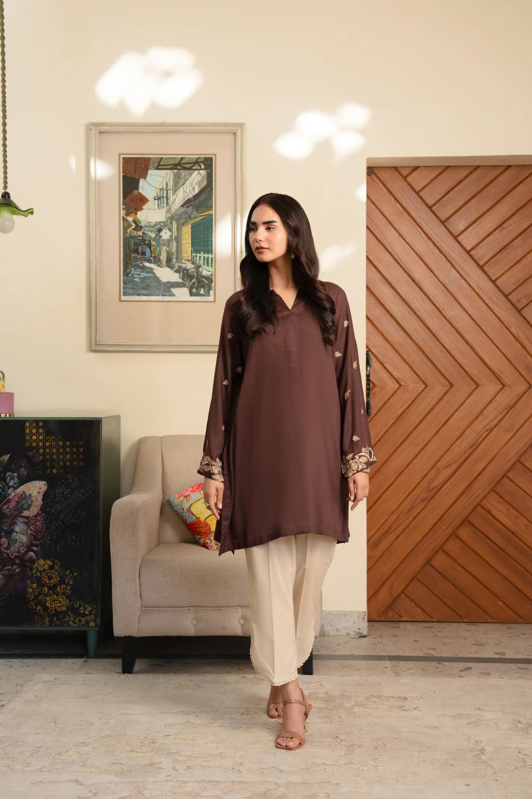 brown embroidered linen tunic