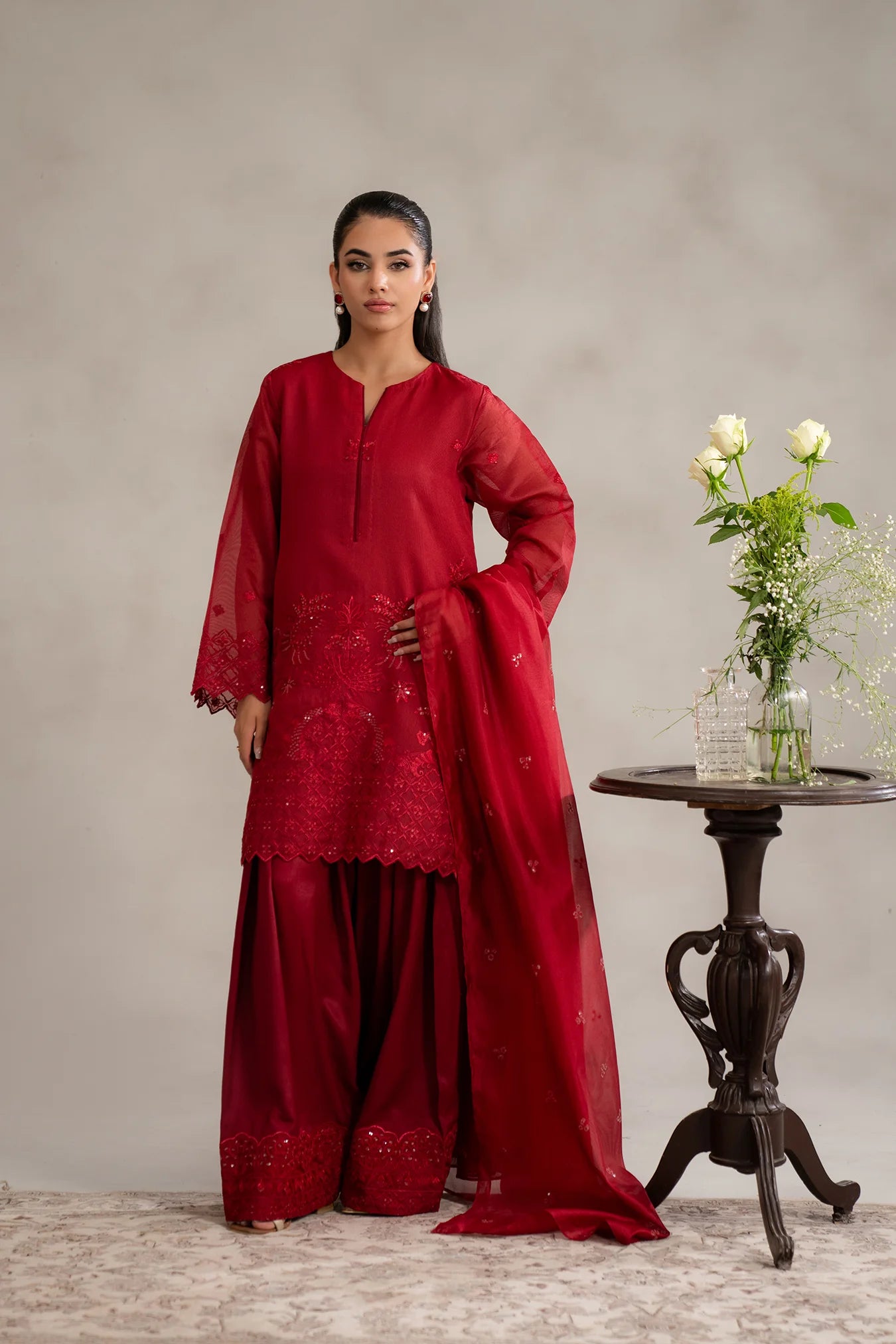 cotton net suits in red for women in pakistan