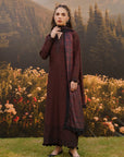 Woman wearing a dark brown embroidered linen suit with dupatta, standing in a wildflower meadow with mountains in the background — Beyond East Winter Tale collection