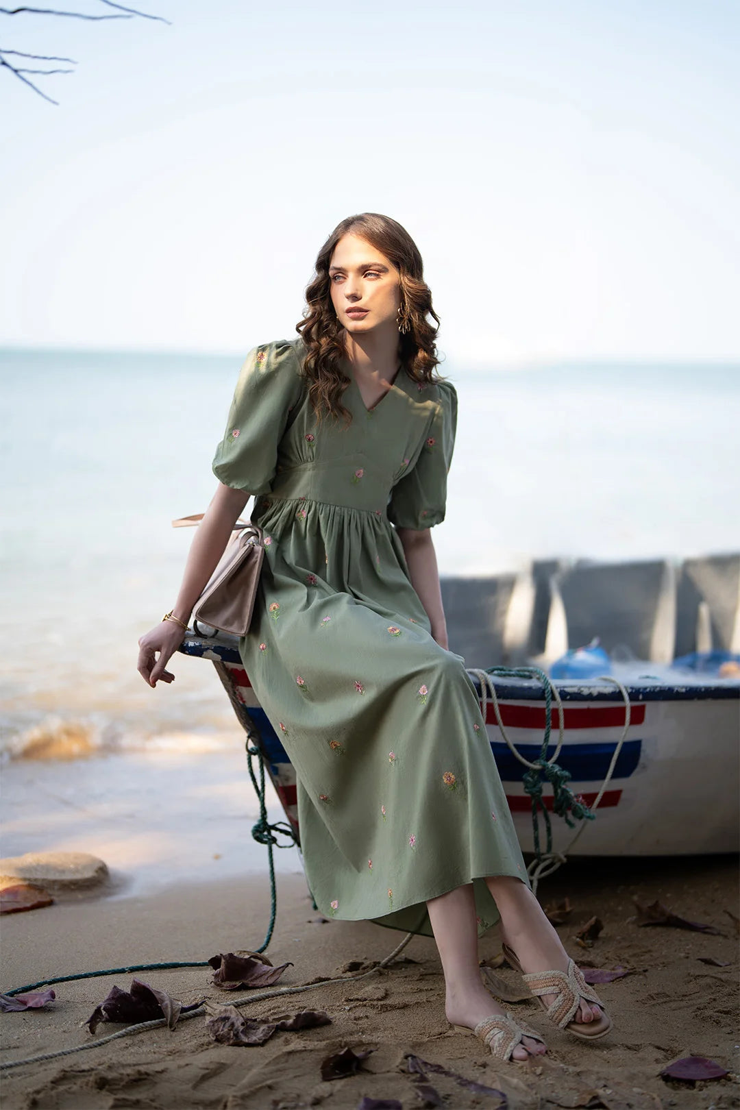 Sage Green Embroidered Cambric Midi Dress | Casual Pret Sage Green Embroidered Cambric Midi Dress | Casual Pret